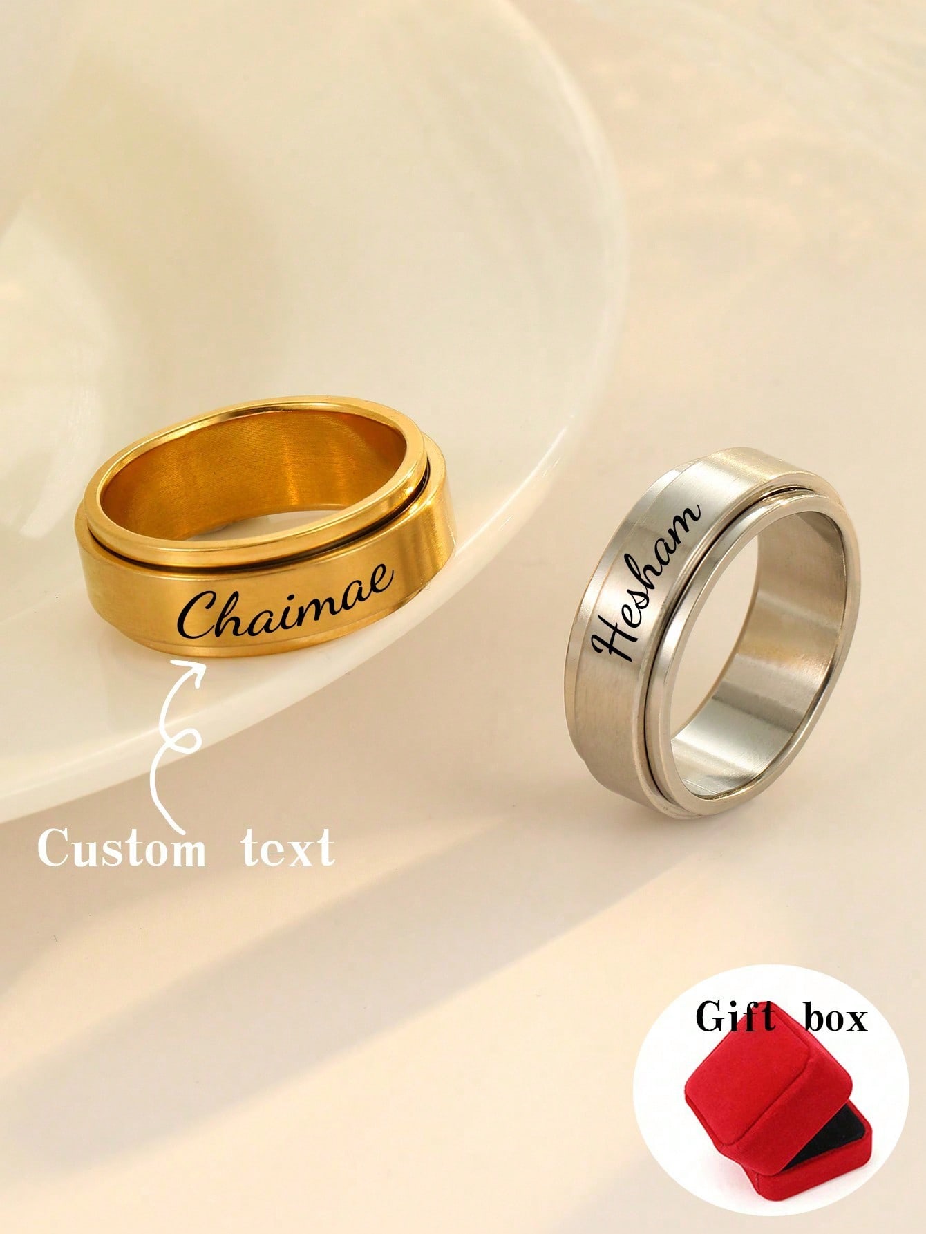 2Pcs Personalized Stainless Steel Spinner Ring, Custom Name Date Anxiety Relief Ring