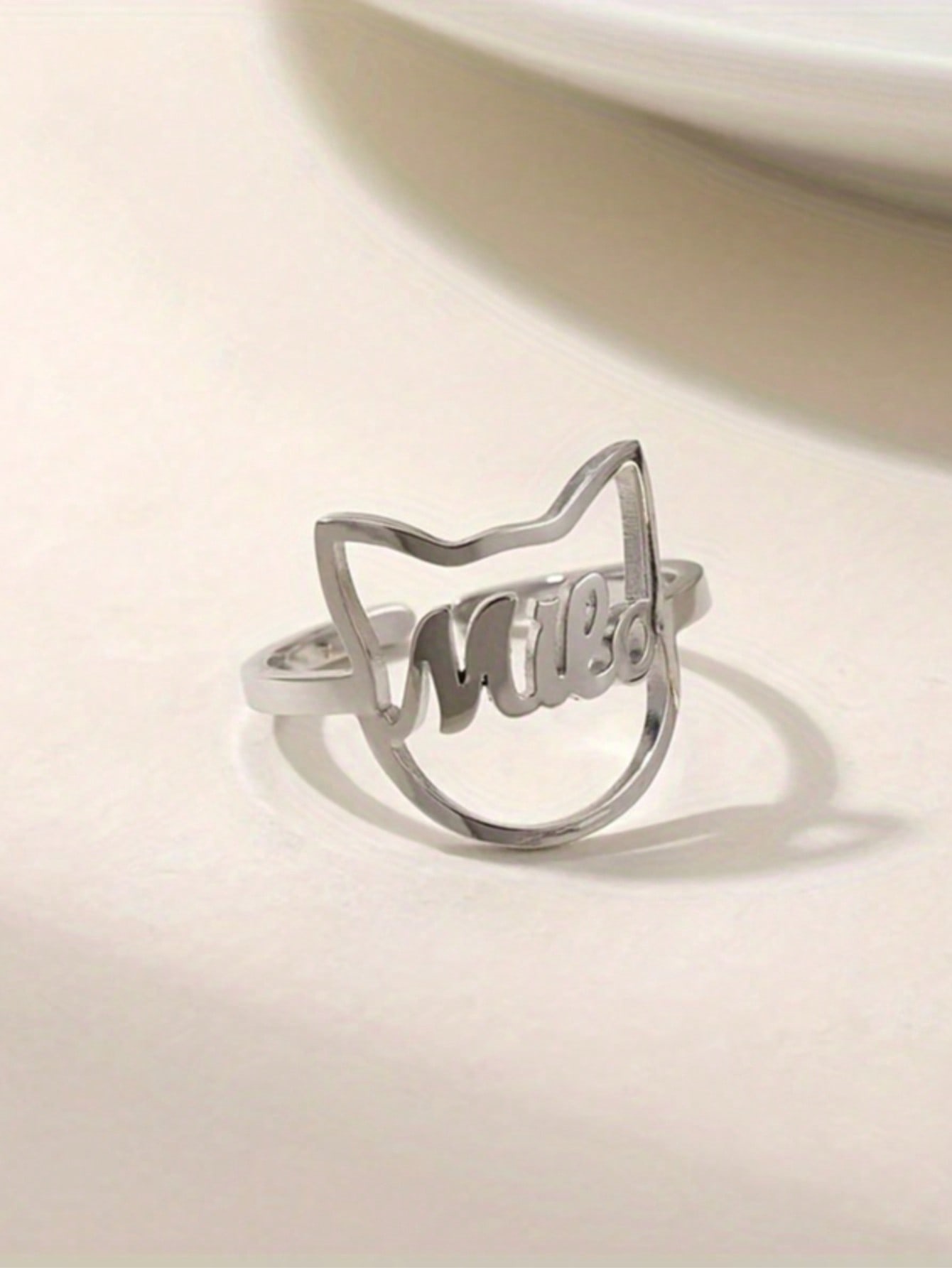 2Pcs Women Custom Cat Ear Open Ring, Stainless Steel Engraved Name Adjustable Ring