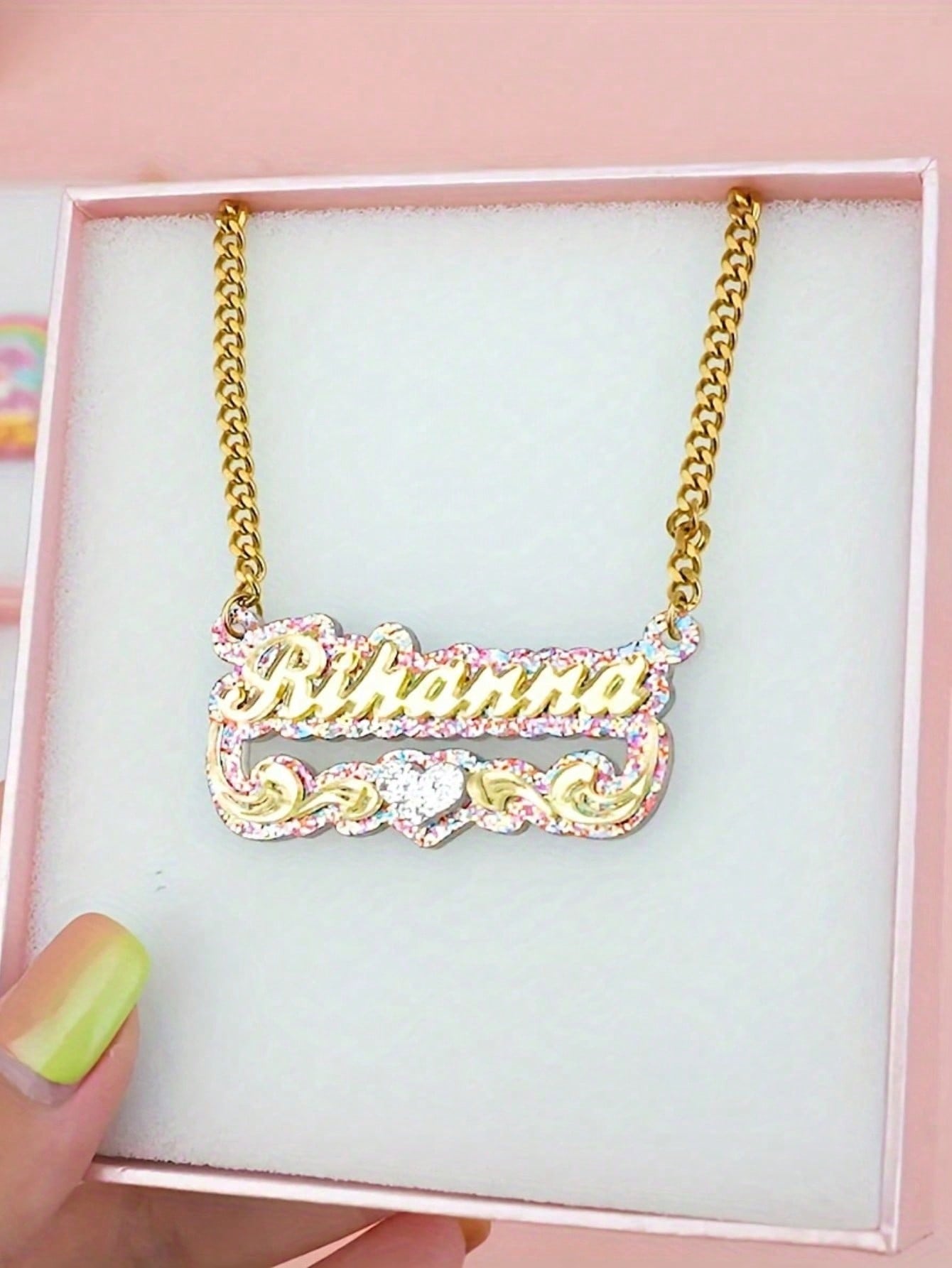 Acrylic Custom Name Necklace, Shiny Color Pendant Gold Rose Gold Personalized Jewelry for Men Women