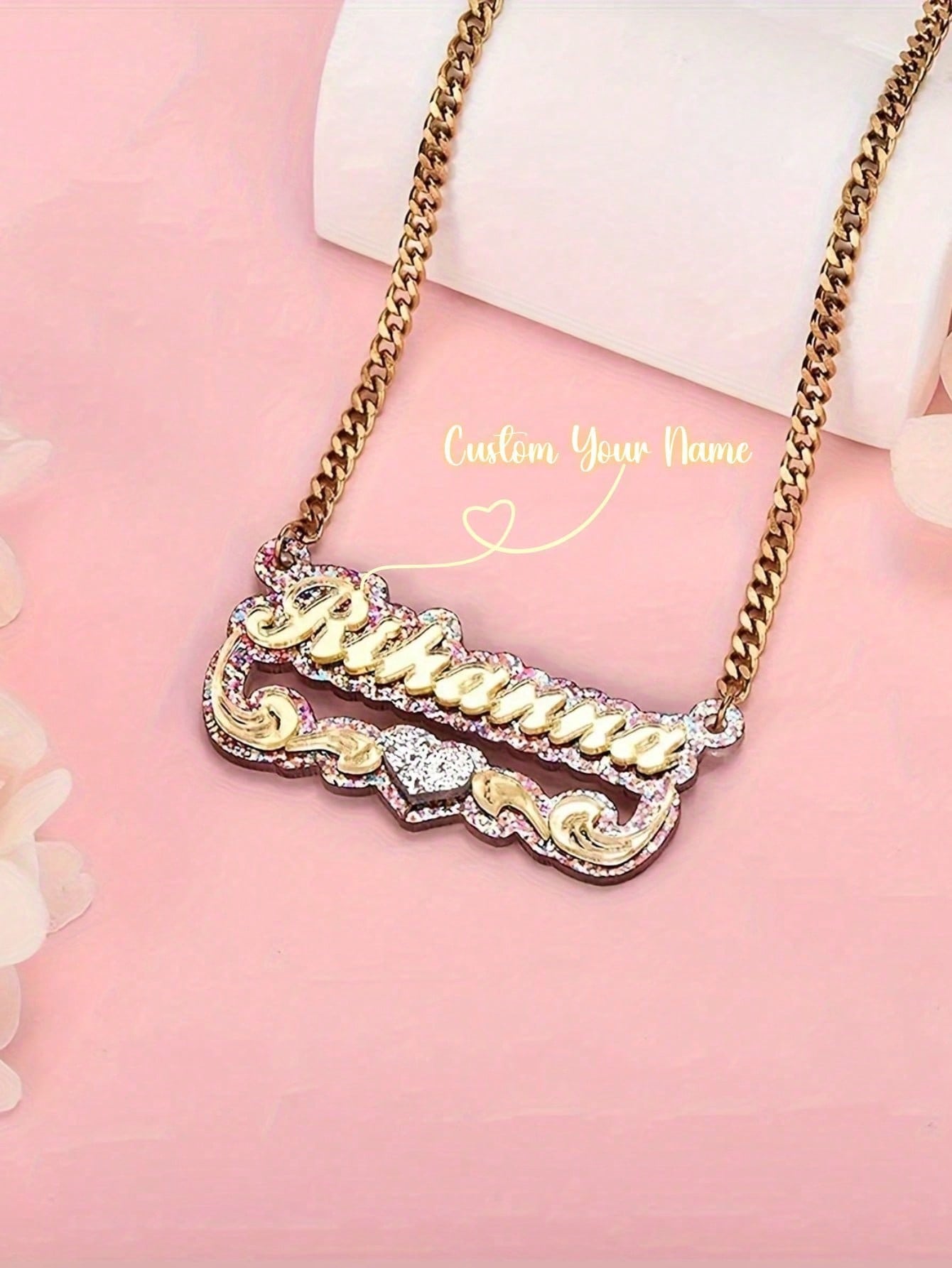 Acrylic Custom Name Necklace, Shiny Color Pendant Gold Rose Gold Personalized Jewelry for Men Women