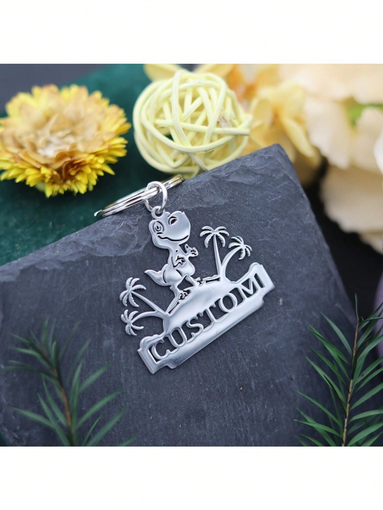 Cute Cartoon Dinosaur Keychain, Custom Engraved Stainless Steel Animal Pendant for Men Women