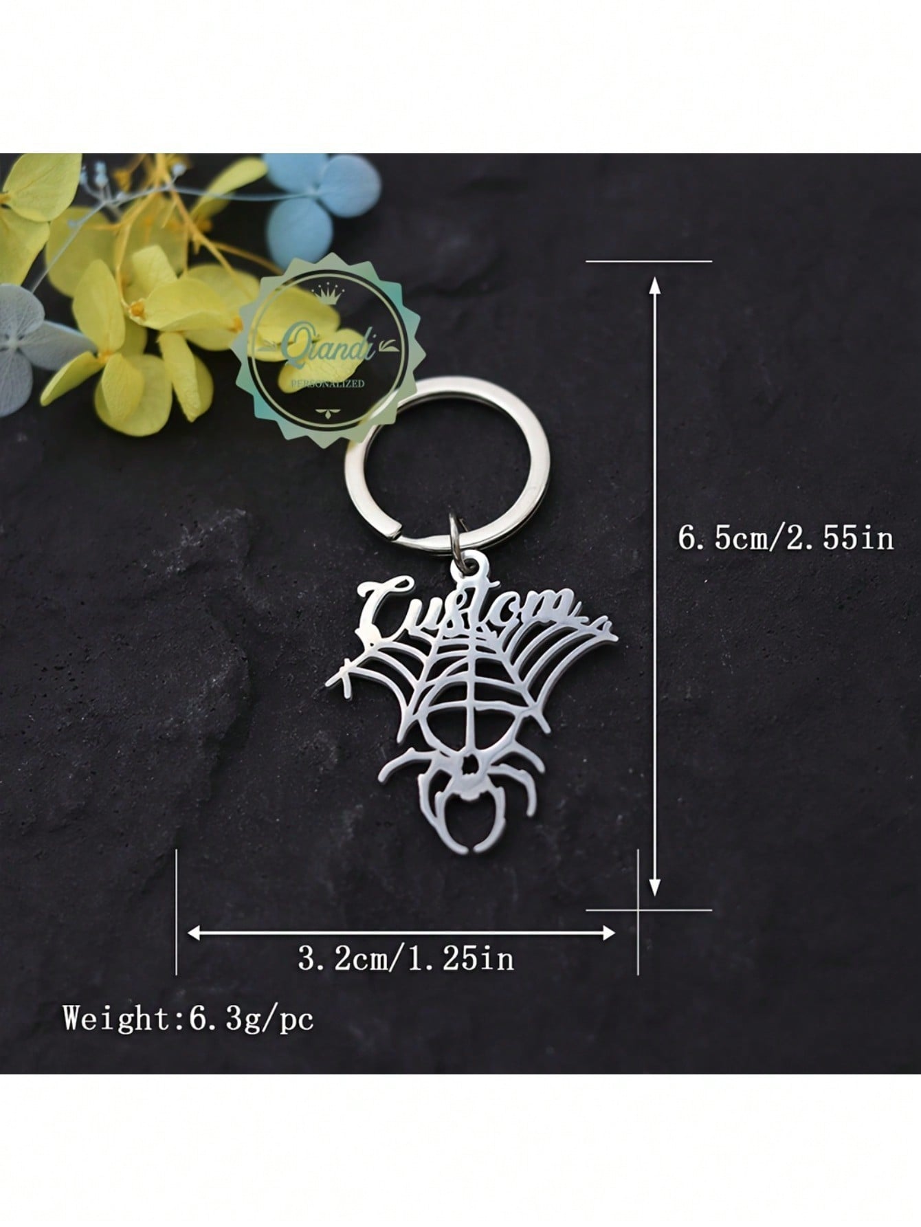 Gold Plated Gothic Spider Keychain, Custom Name Letter Stainless Steel Key Ring for Men