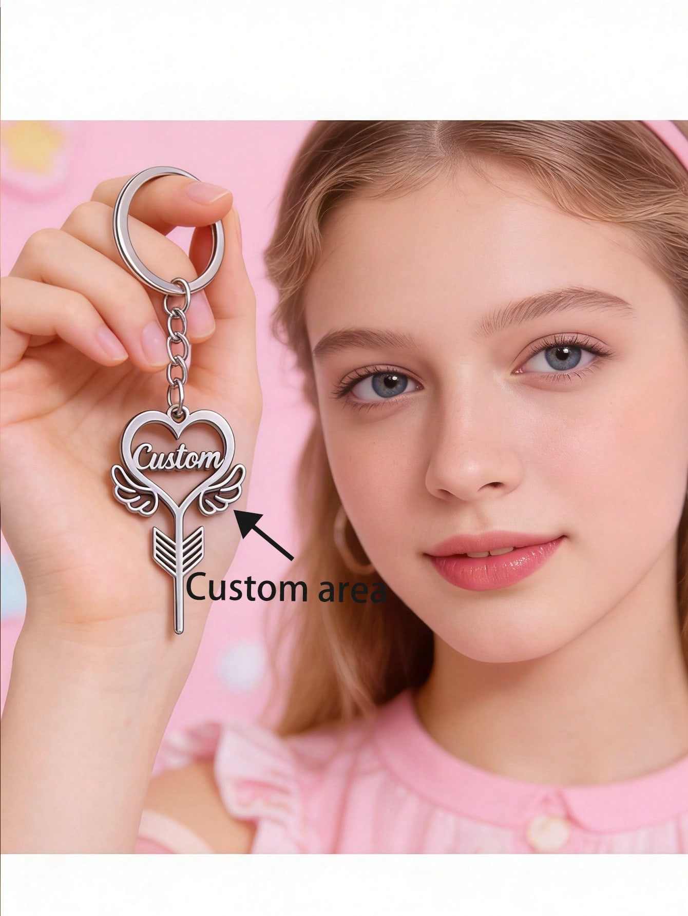Custom Heart Wing Keychain, Stainless Steel Engraved Name Pendant for Men Women Valentine Wedding Gift