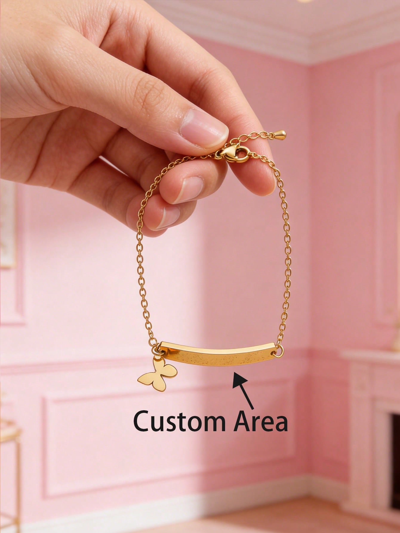 18K Gold Plated Curved Bar Bracelet Custom Engraved Stainless Steel Unisex DIY Jewelry