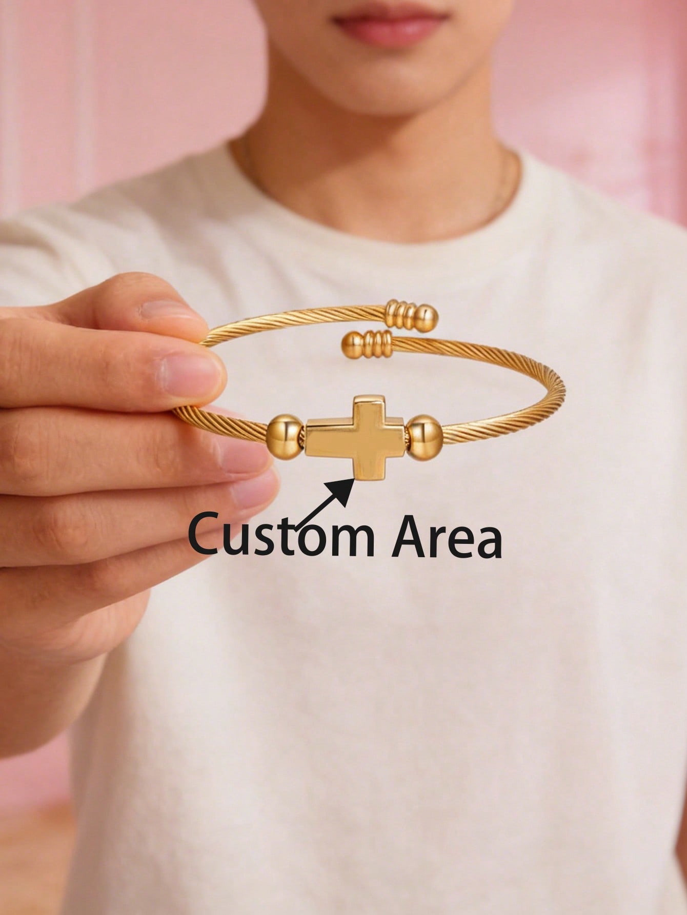 Custom Engraved Cross Bracelet, Titanium Steel Cuban Link Bangle with Logo for Men & Women