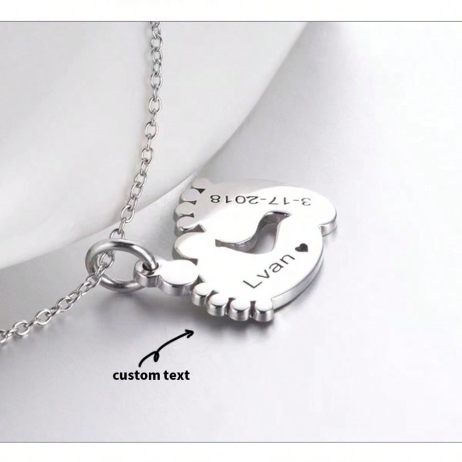 DIY Laser Engraved Baby Footprint Stainless Steel Necklace Custom Name Date Kids Jewelry