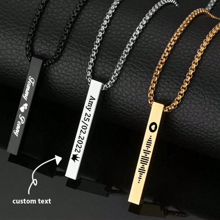 4 Sides Custom Name Date Stainless Steel Thick Chain Necklace Square Pendant Jewelry Gift for Women