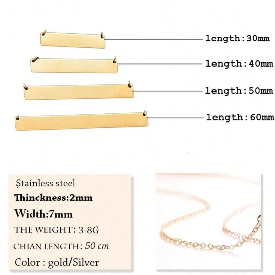 Personalized Blank Bar Pendant Necklace, 3 Colors Stainless Steel Custom Engravable Nameplate Jewelry