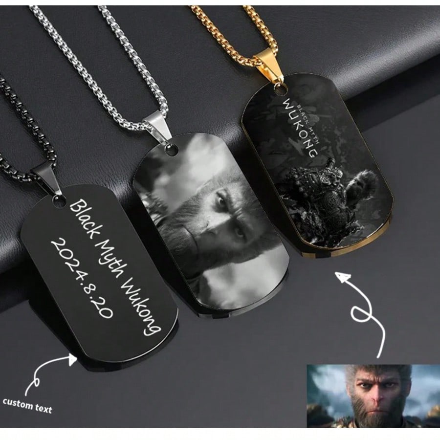 Black Myth Wukong Square Pendant Necklace, Stainless Steel Engraved Pattern Jewelry Gift for Men