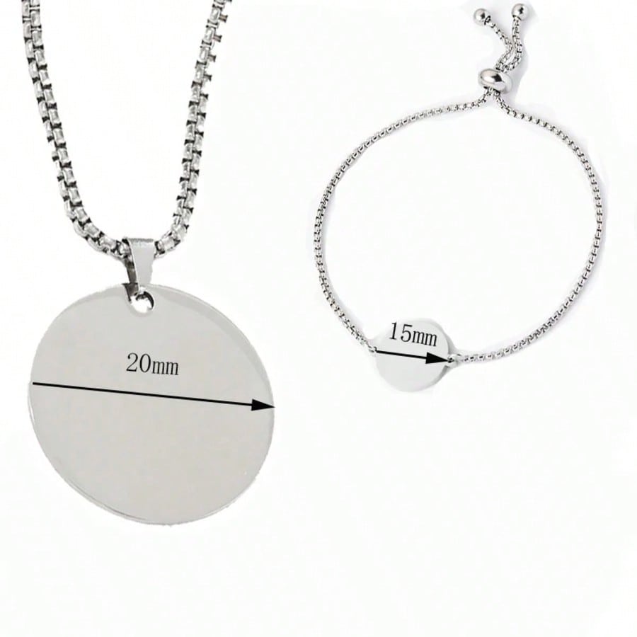 365 Pcs Round Pendant Necklace & Bracelet Set, Engravable Stainless Steel DIY Wedding Jewelry for Women