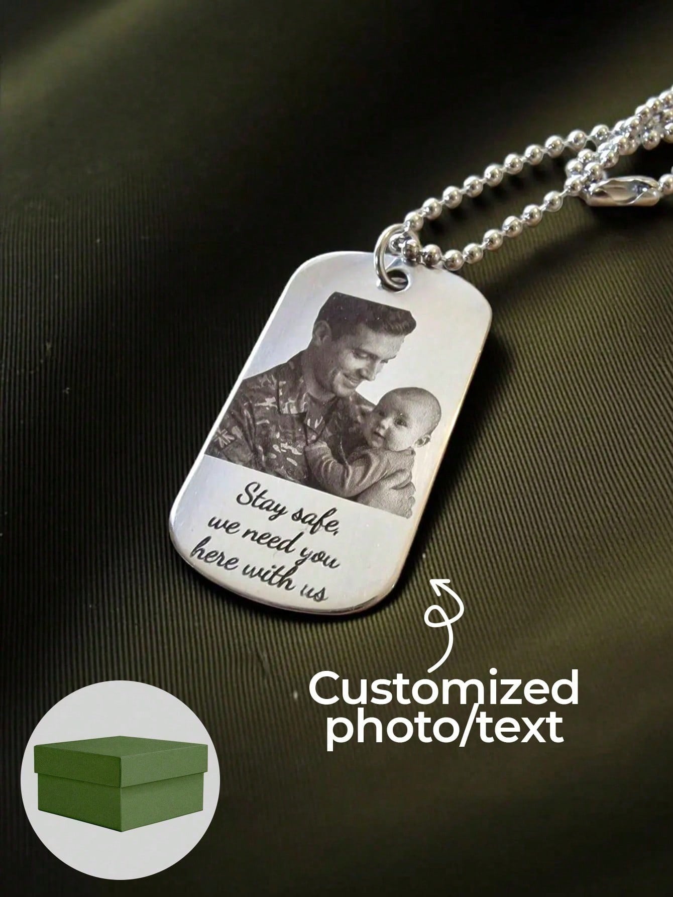 Personalized Stainless Steel Dog Tag Necklace, Engraved Photo & Text Unisex Gift for Father's Day
