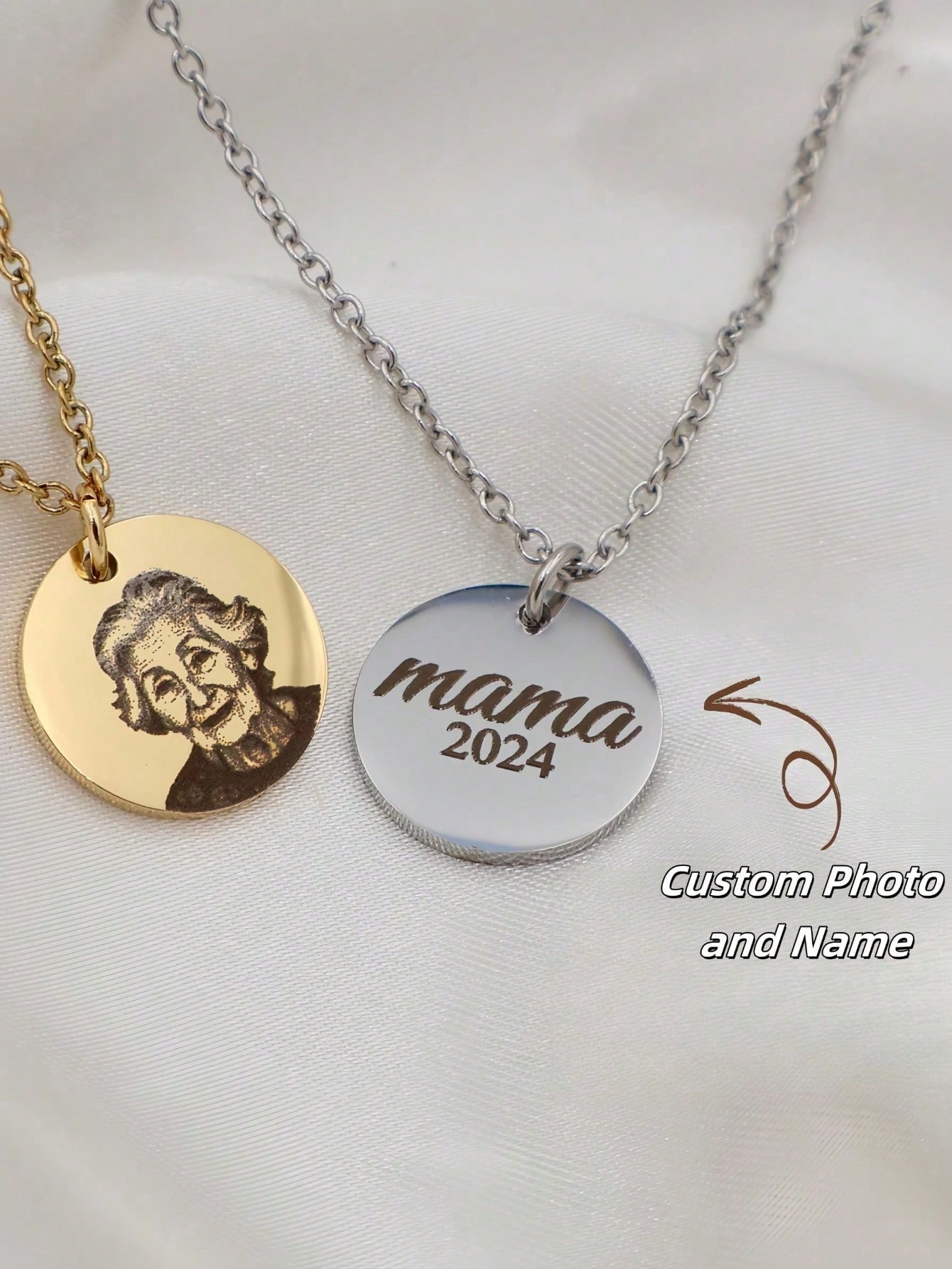 Custom Portrait & Letter Round Photo Necklace, Stainless Steel Engraved Handwriting Cross Pendant