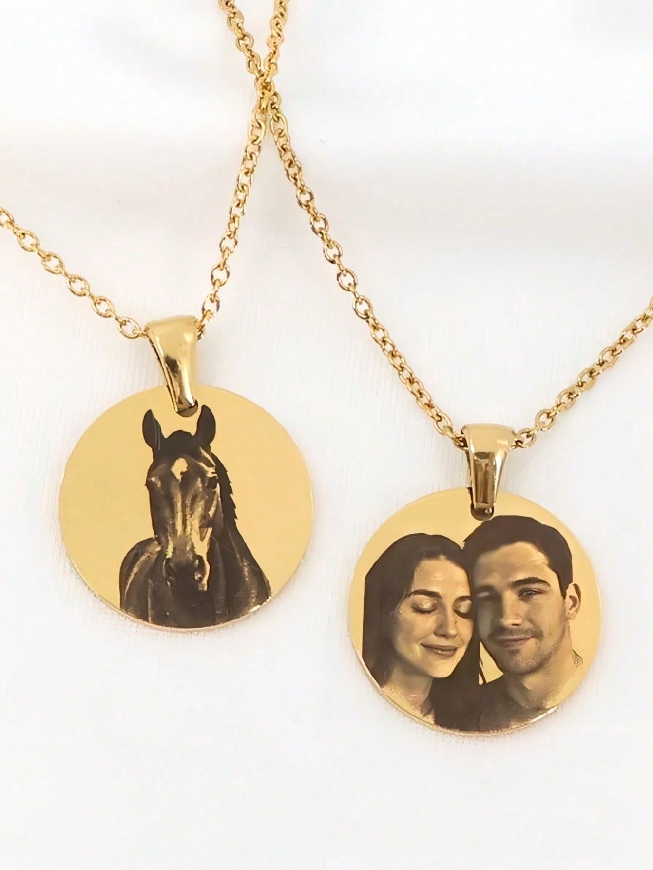 Custom Portrait Round Photo Pendant Necklace, Stainless Steel Engraved Handwriting Cross Memorial Necklace
