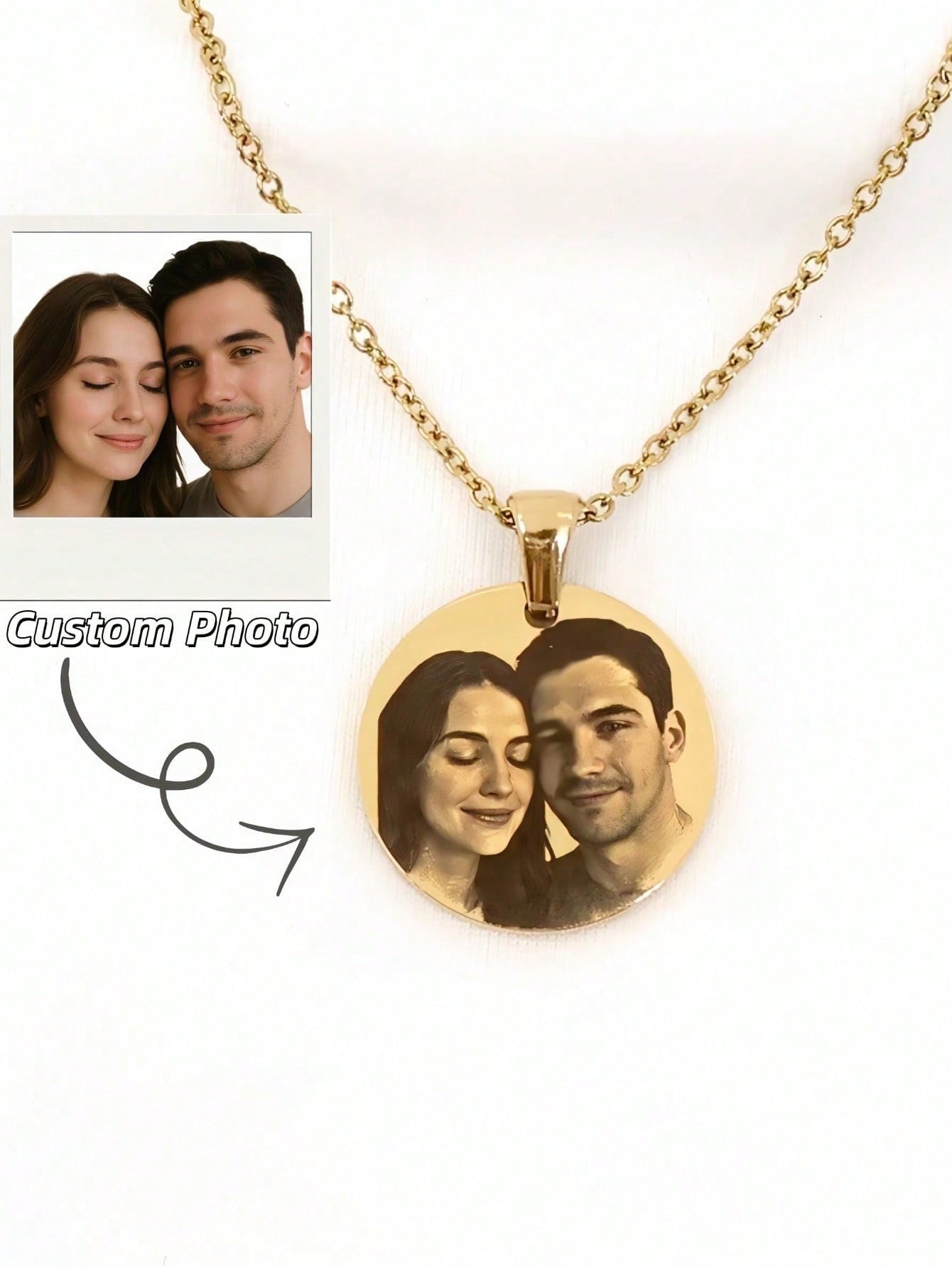 Custom Portrait Round Photo Pendant Necklace, Stainless Steel Engraved Handwriting Cross Memorial Necklace