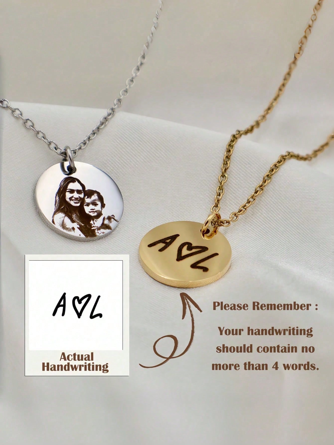 Custom Portrait Round Photo Pendant Necklace, Stainless Steel Engraved Handwriting Cross Memorial Necklace
