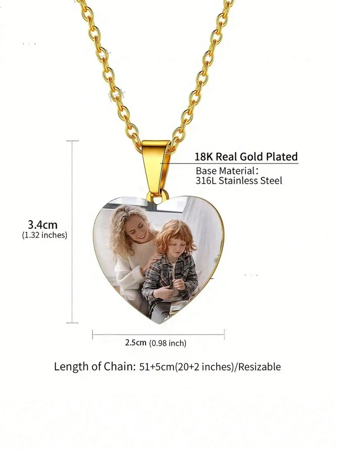 Custom Photo Heart Necklace, Stainless Steel Photo Pendant Jewelry Gift for Women