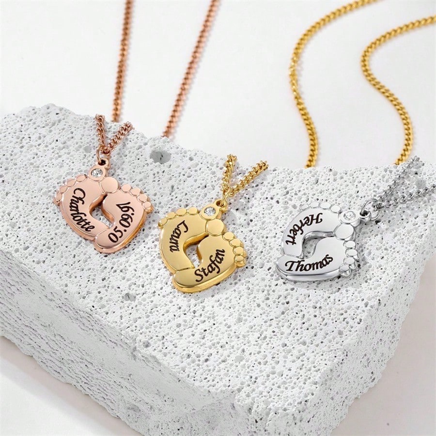 Stainless Steel Laser Engraved Baby Name Necklace, Personalized Diamond Footprint Pendant