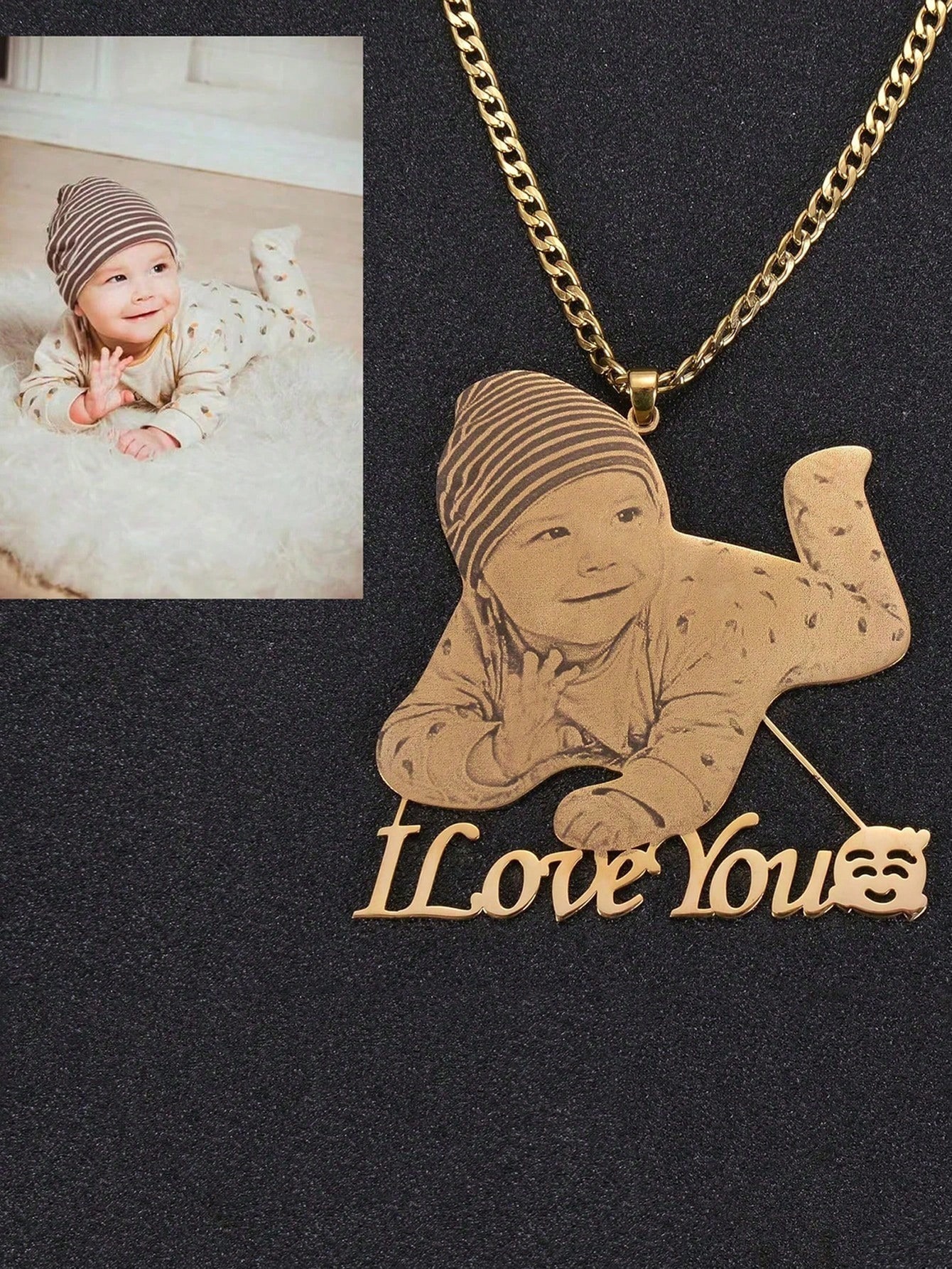 Custom Photo Engraved Engagement Necklace,18K Gold Portrait Pendant Family Pet Jewelry