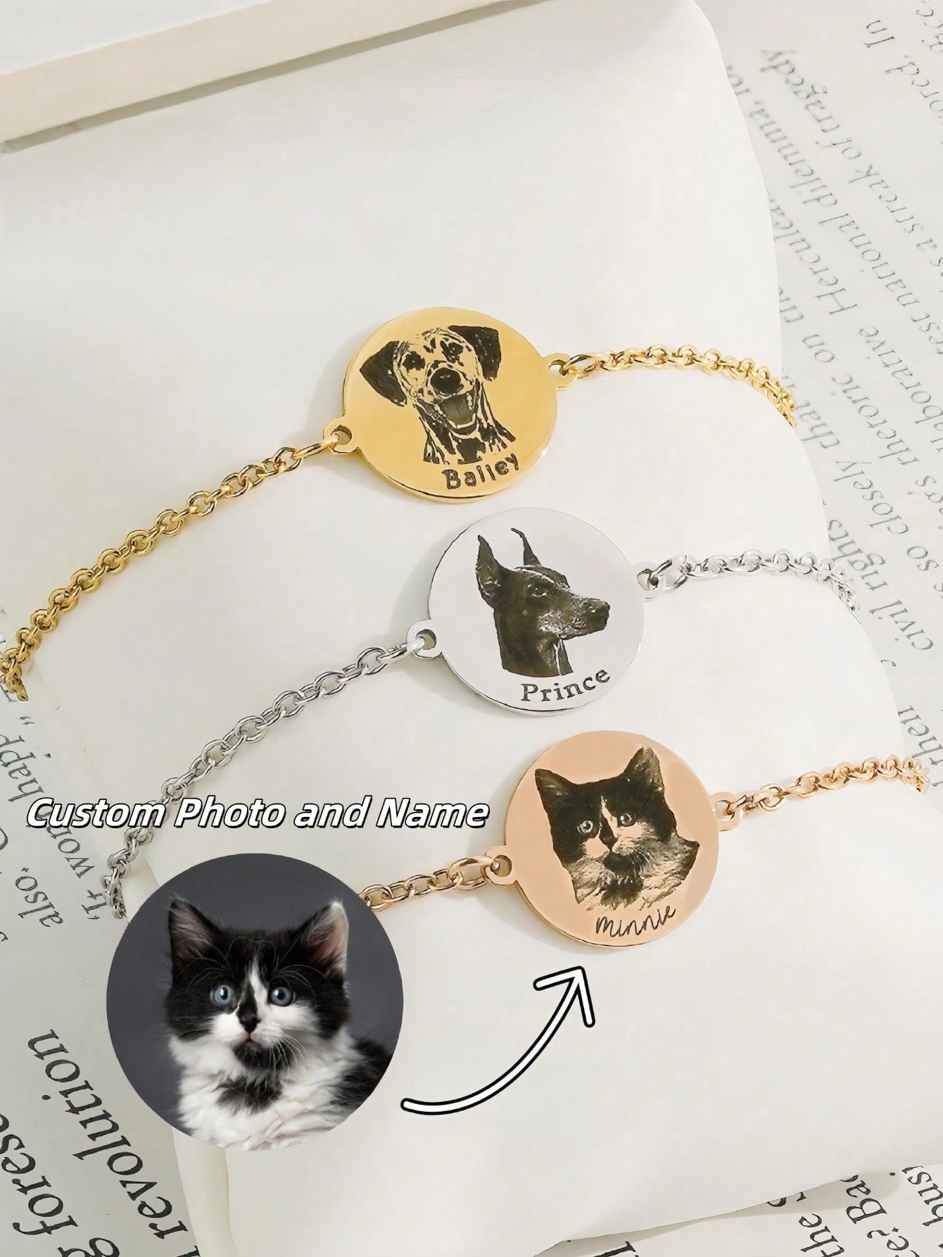 Custom Pet Photo Bracelet, Minimalist Engraved Stainless Steel Round Portrait Bangle for Women