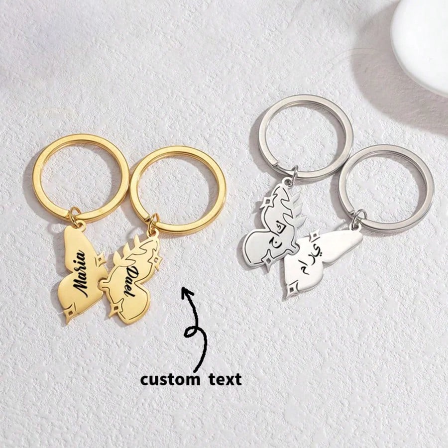 365 Engraved Butterfly Stainless Steel Keychains, Personalized Name Date Couple Jewelry Gift