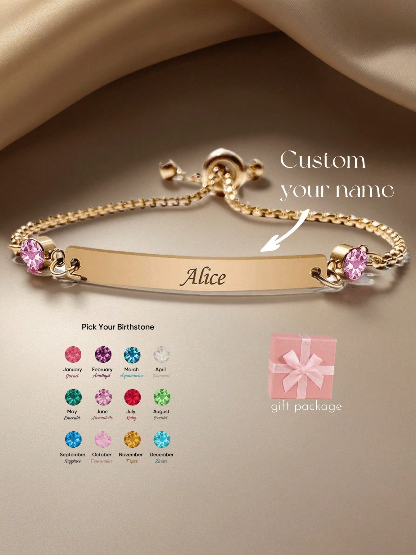 2Pcs Custom Baby Birthstone Name Bracelet,18K Gold Plated Engraved Kids Jewelry for Boys Girls