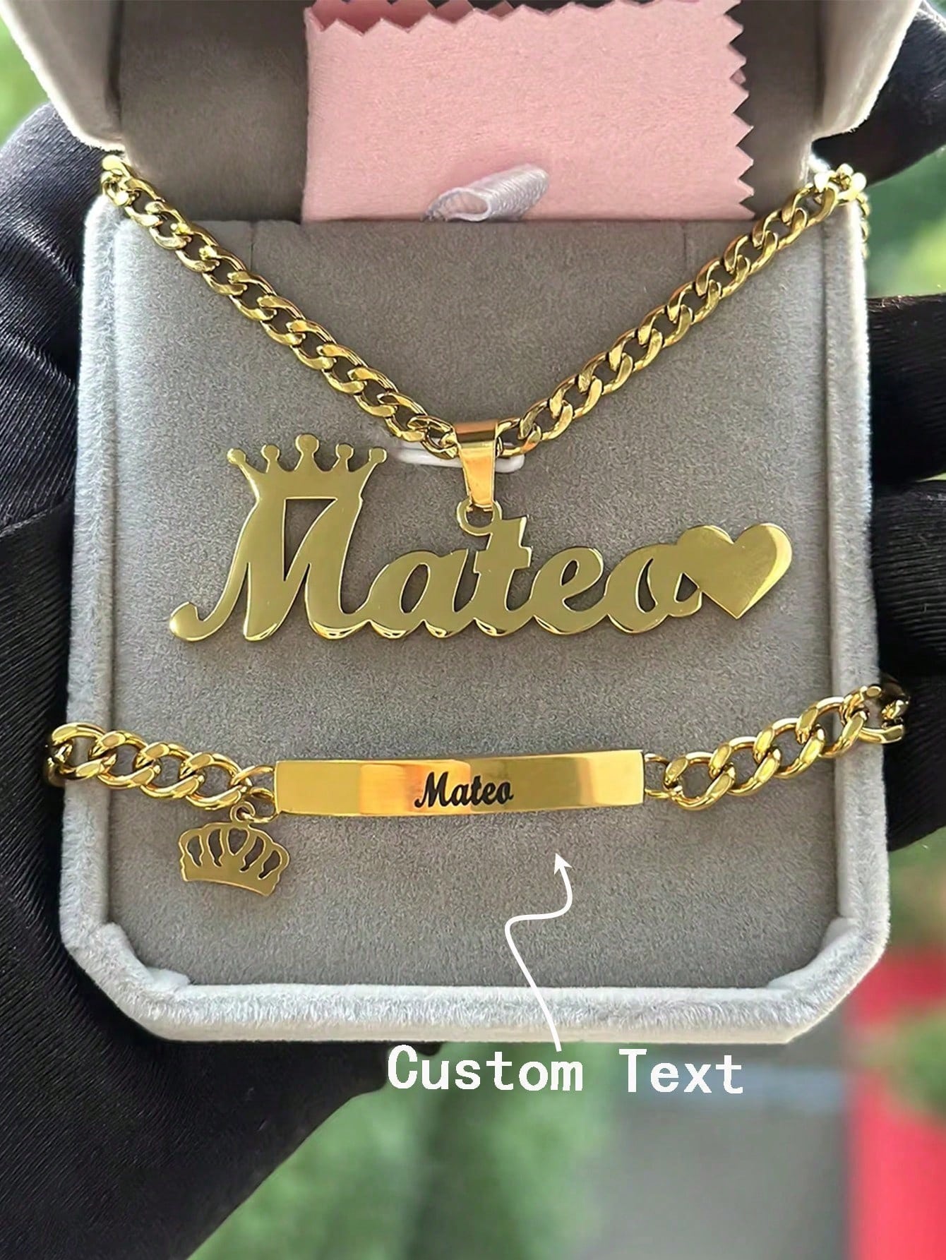 18K Gold Plated Stainless Steel Heart Crown Custom Name Jewelry Set Back To School for Teens