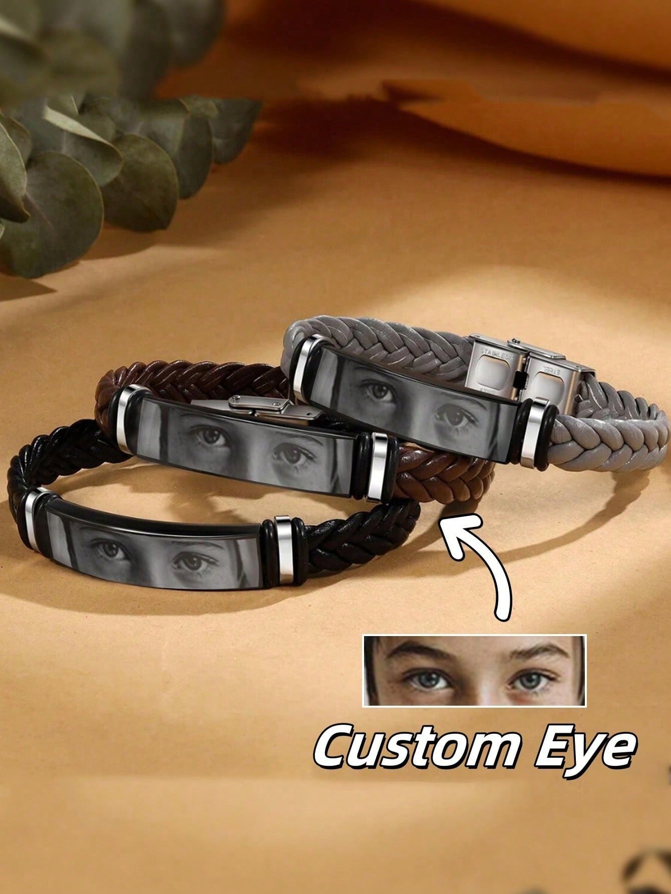 Custom Photo Engraved Leather Bracelet Men Women Personalized Eye Picture Christmas Gift for Dad