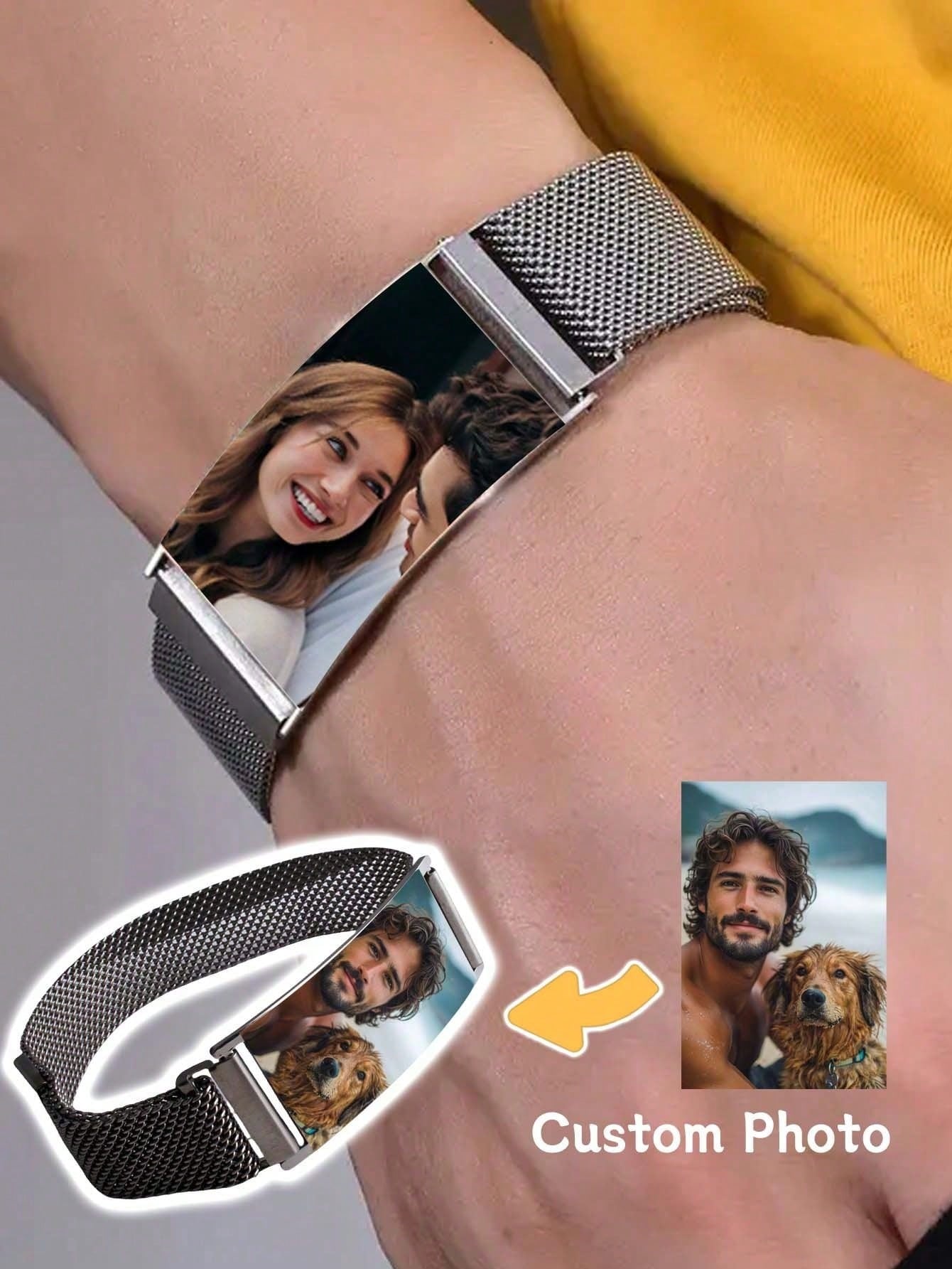 Custom Color Photo Printed Engraved Stainless Steel Bracelet Waterproof Adjustable Gold Couple Fashion Gift