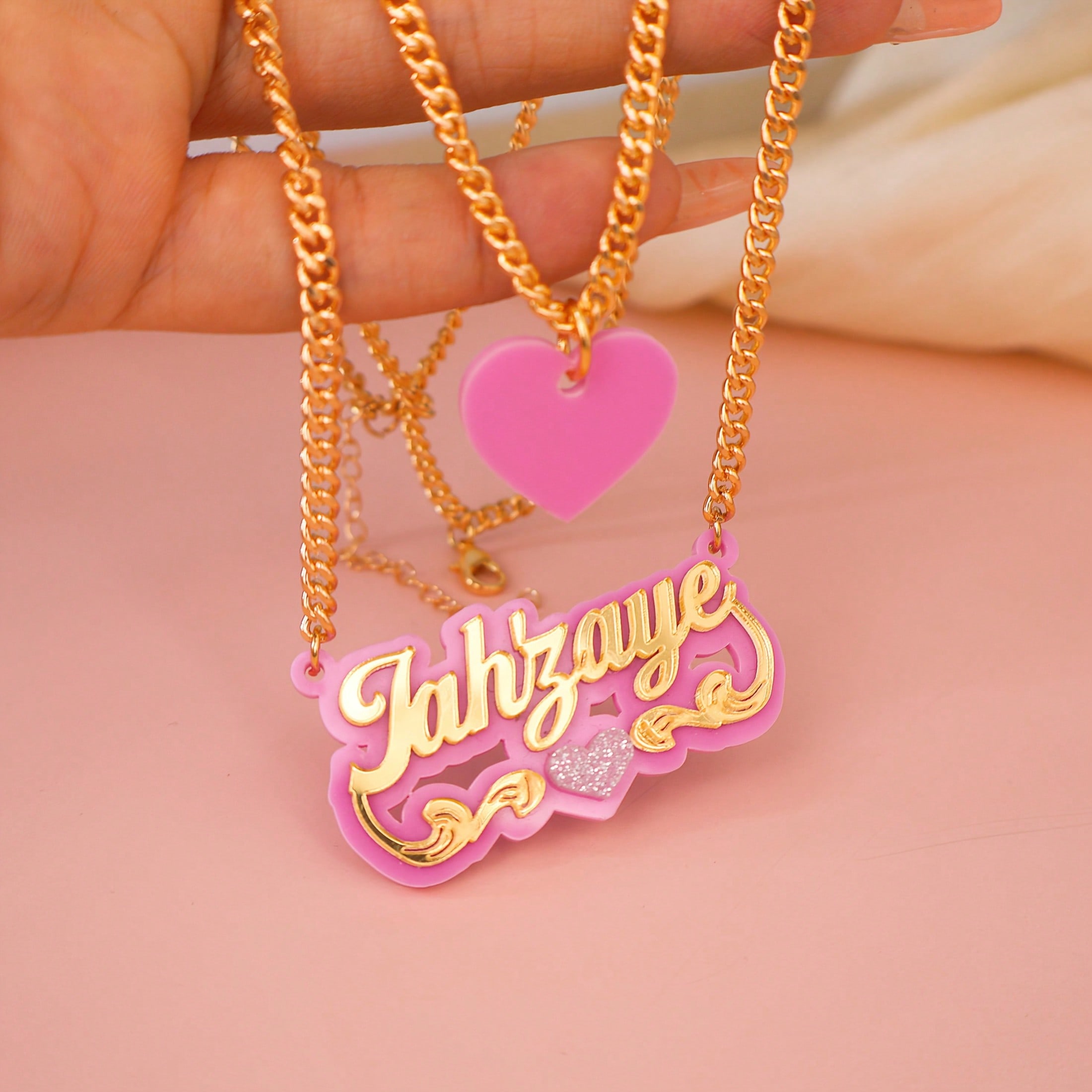 Custom Acrylic Name Necklace Glitter Heart Double Cuban Chain Y2K Minimalist Women Jewelry Gift