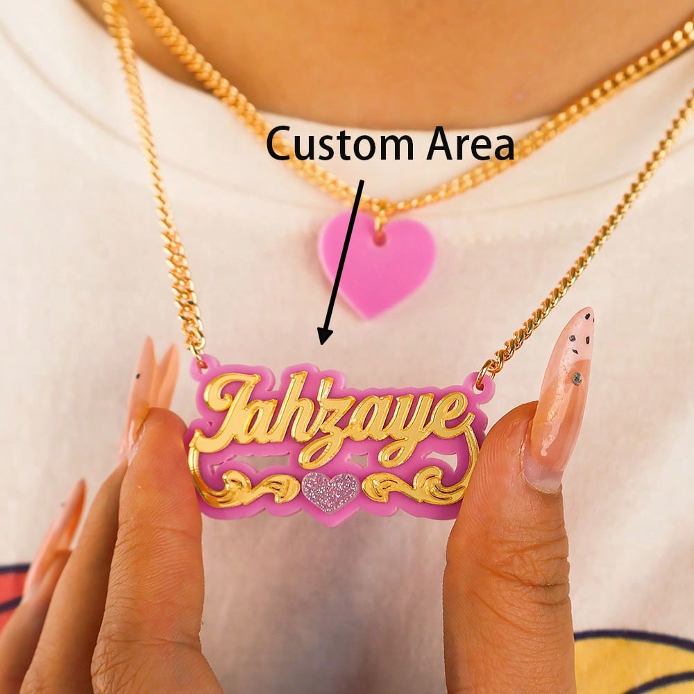 Custom Glitter Heart Acrylic Name Necklace Double Cuban Chain Y2K Minimalist Women Jewelry Gift