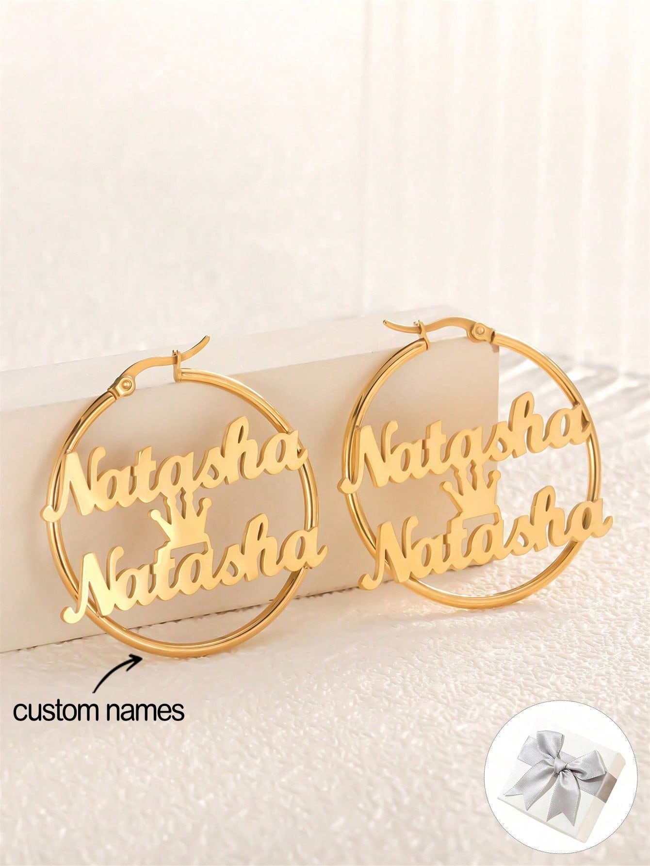 Double Name Hoop Earrings, Personalized Crown Name Ring Earrings for Women