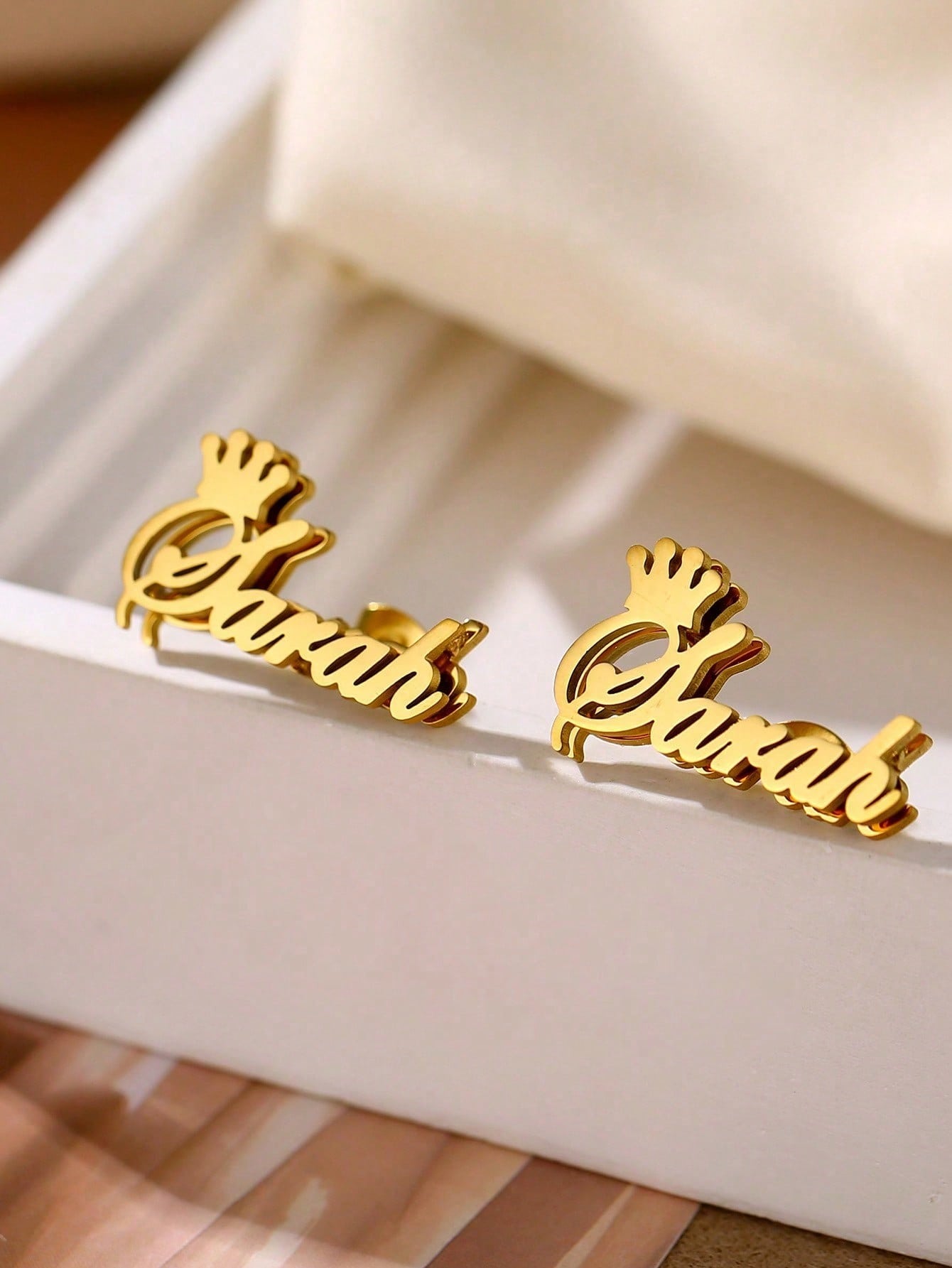 Custom Double Layer Name Stud Earrings, Stainless Steel 3D Crown Nameplate Earrings