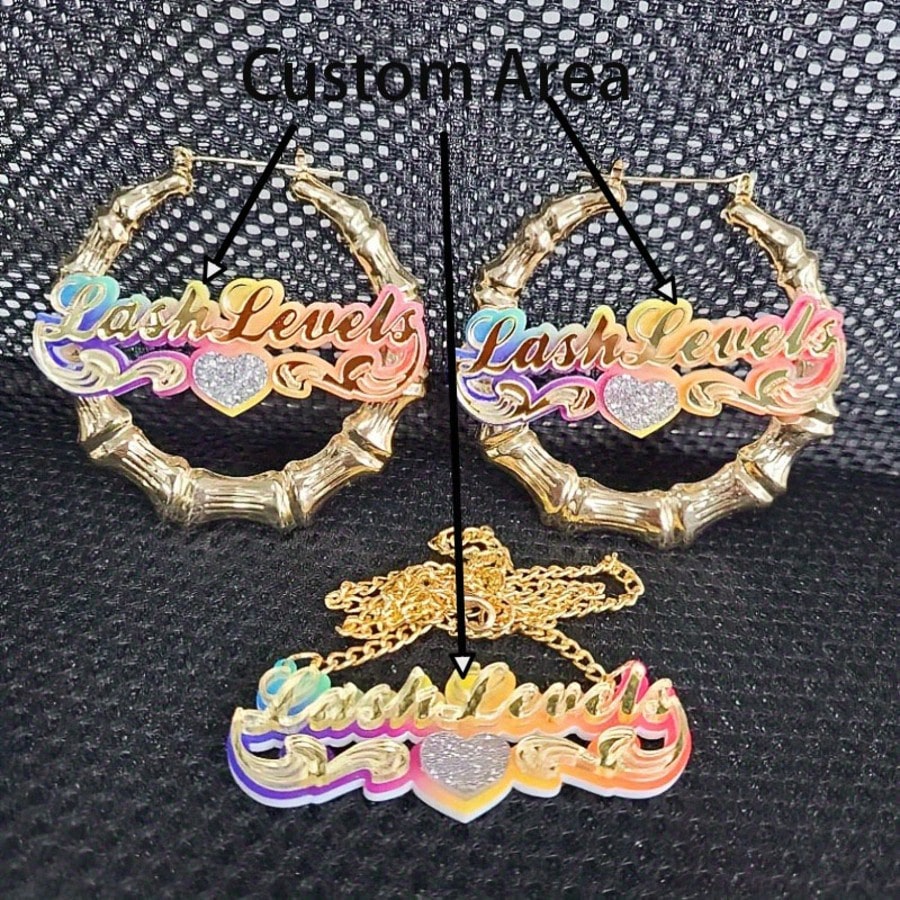 Custom Acrylic Name Necklace Earrings Set Halloween Rainbow Gradient Heart Cuban Chain Jewelry Gift