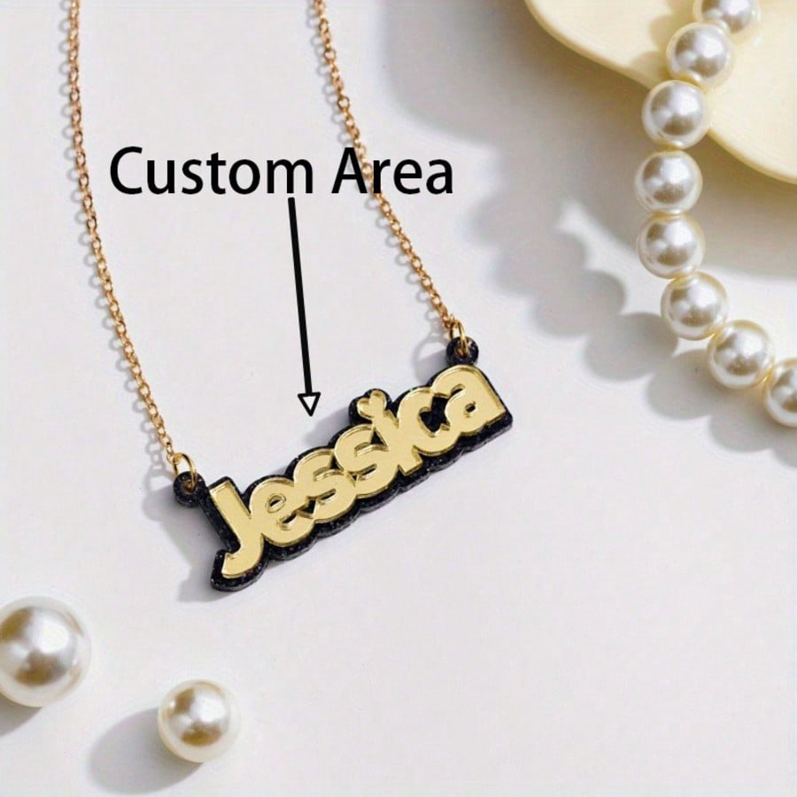 Custom Initial Name Necklace Acrylic Letter Number Pendant Gold Tone Personalized Memorial Jewelry