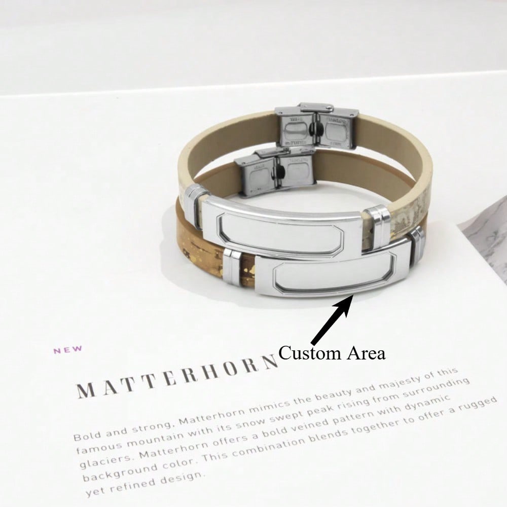 Custom Engraved Logo Leather Bracelet 18K Gold Plated Stainless Steel Unisex Boho DIY Jewelry Gift