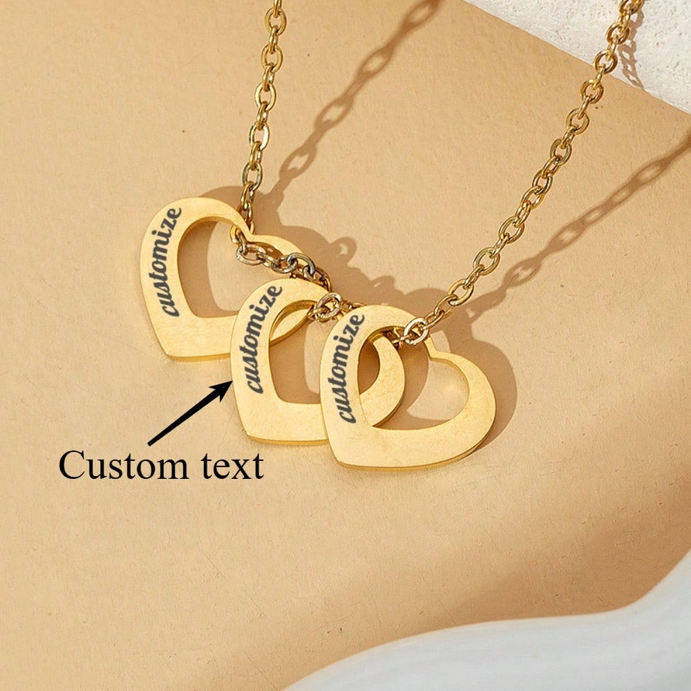 Custom Engraved Three Hollow Heart Pendant Necklace 18K Gold Plated Stainless Steel Unisex Jewelry Gift