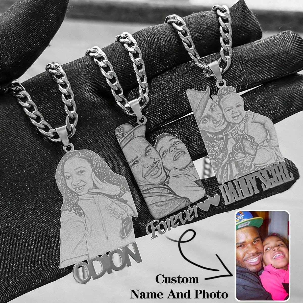 Personalized Engraved Photo Necklace - Stainless Steel Pendant with Real Family Portrait