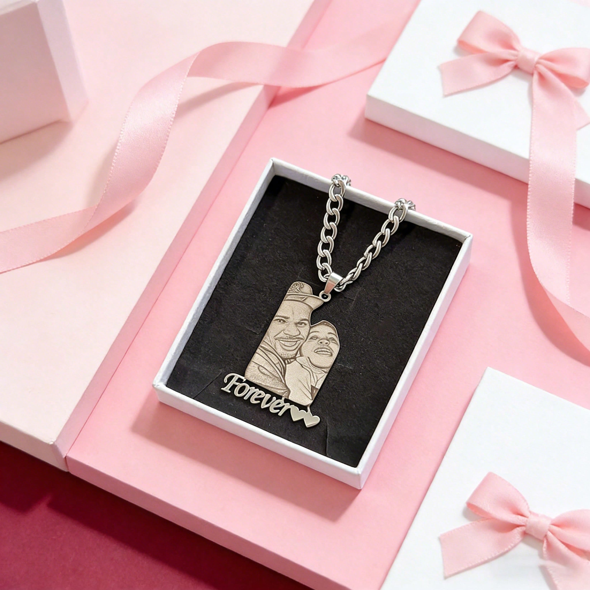Personalized Engraved Photo Necklace - Stainless Steel Pendant with Real Family Portrait
