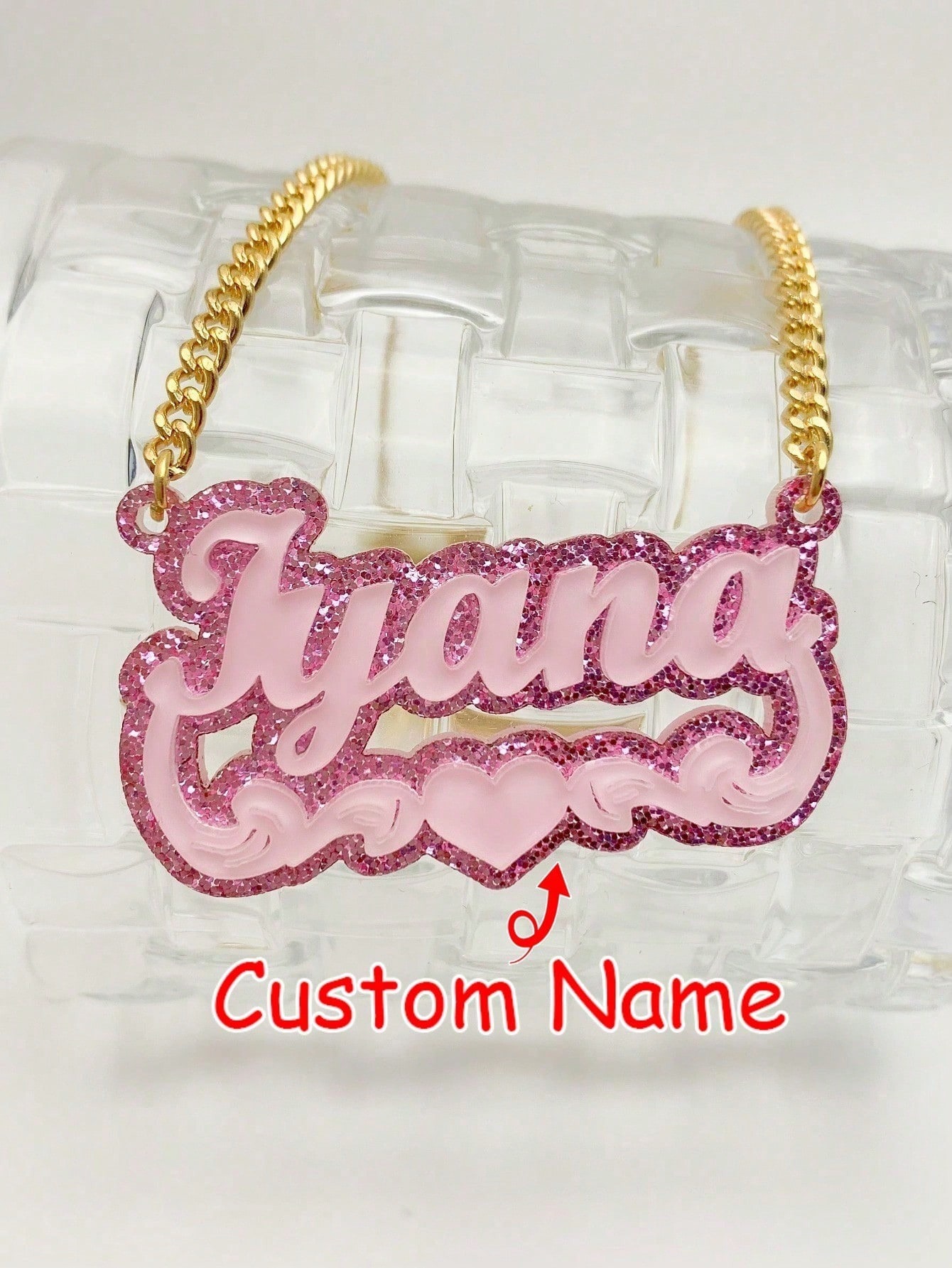 1pc Personalized Acrylic Name Necklace - Sparkling Crystal Letter, Cute & Sexy Jelly Pink Design With Gold Cuban Chain, Adjustable Length, Christmas & Birthday Gift For Women, Wearable Year-Round, Letter Necklace, Party Jewelry, Playful & Unique Design, E