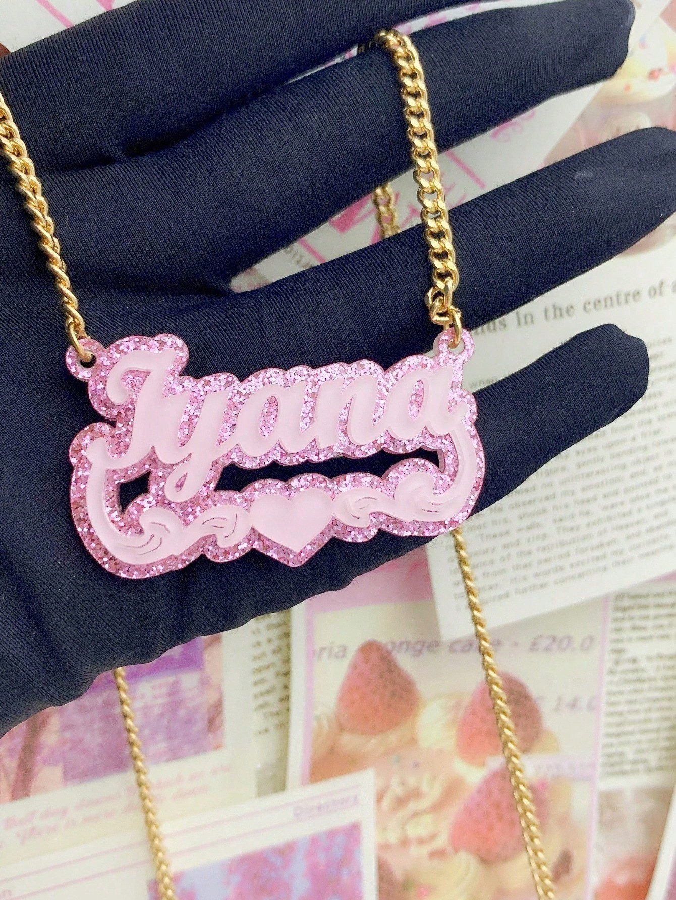 Personalized Acrylic Name Necklace - Sparkling Crystal Letters, Cute Jelly Pink Design with Gold Cuban Link Chain
