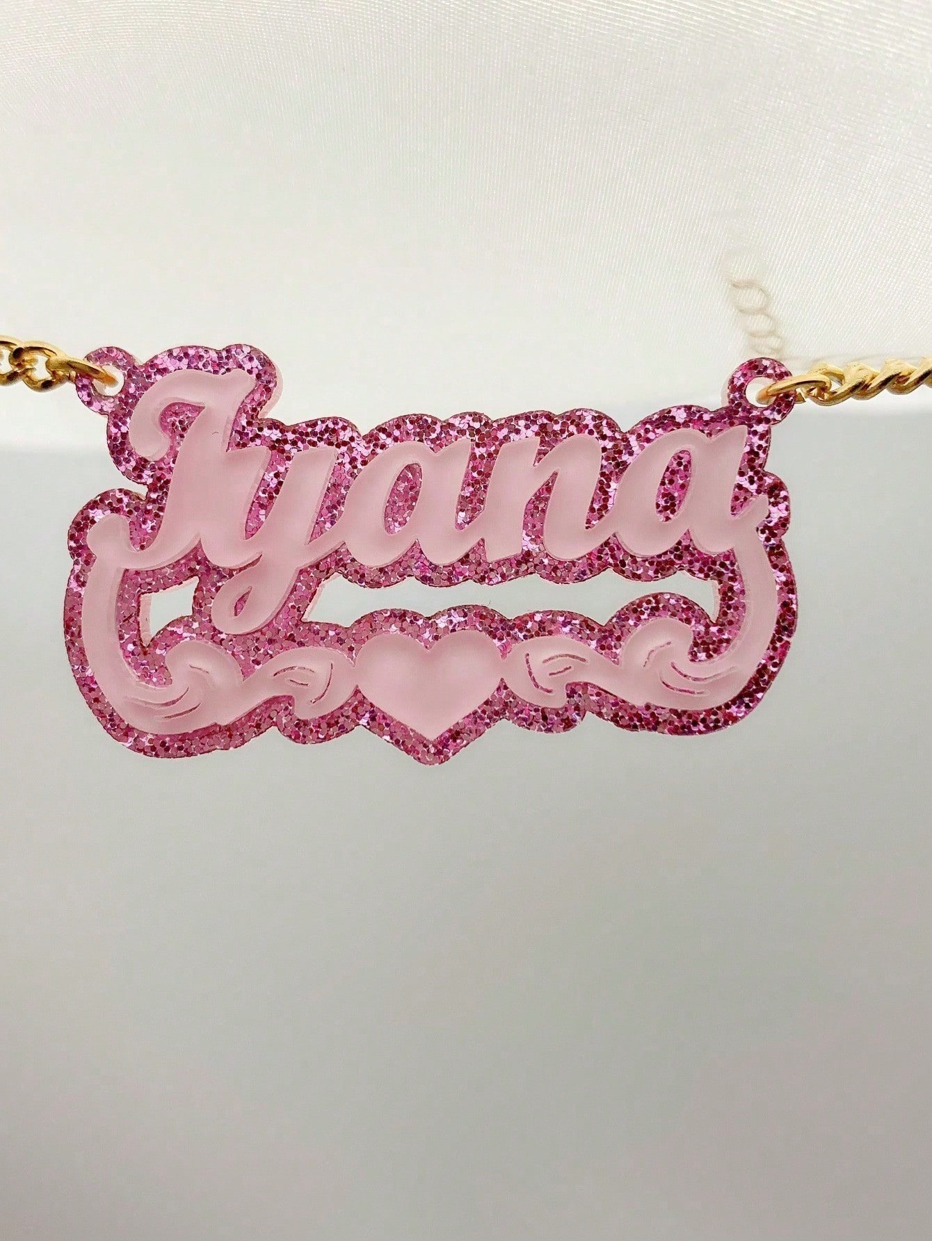 Personalized Acrylic Name Necklace - Sparkling Crystal Letters, Cute Jelly Pink Design with Gold Cuban Link Chain