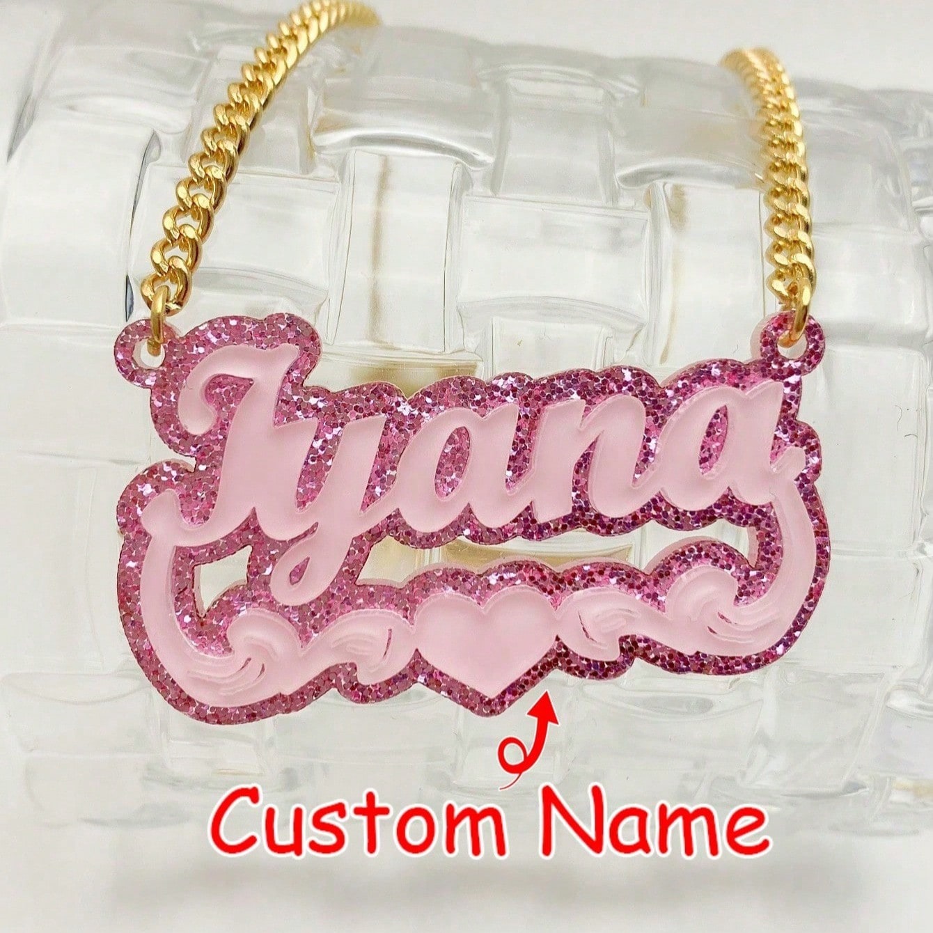 Personalized Acrylic Name Necklace - Sparkling Crystal Letters, Cute Jelly Pink Design with Gold Cuban Link Chain