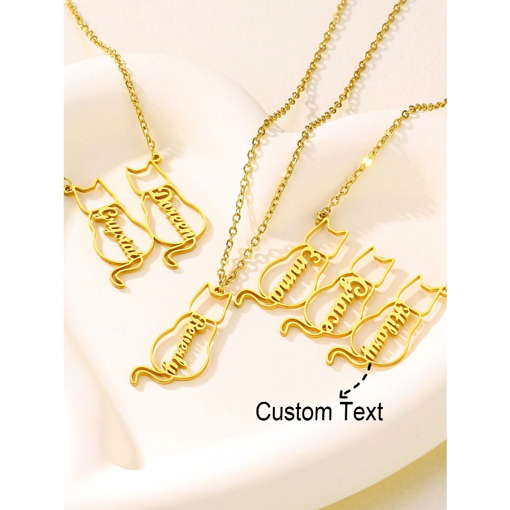 customized necklace personalized cute cat memorial gift customized name pet necklace stainless steel classic cat silhouette pendant women minimalist family pet owners holidays mothers day wedding season world cup-定造集