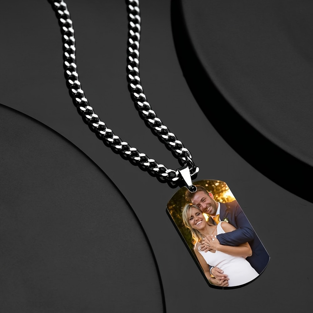 customized peanut clasp nk chain dog tag photo pendant necklace mens stainless steel cuban chain square pendant diy picture personalized-定造集