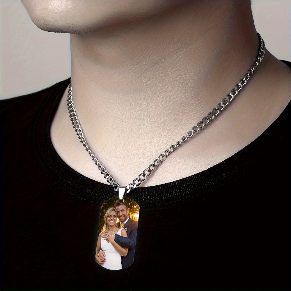 customized peanut clasp nk chain dog tag photo pendant necklace mens stainless steel cuban chain square pendant diy picture personalized-定造集