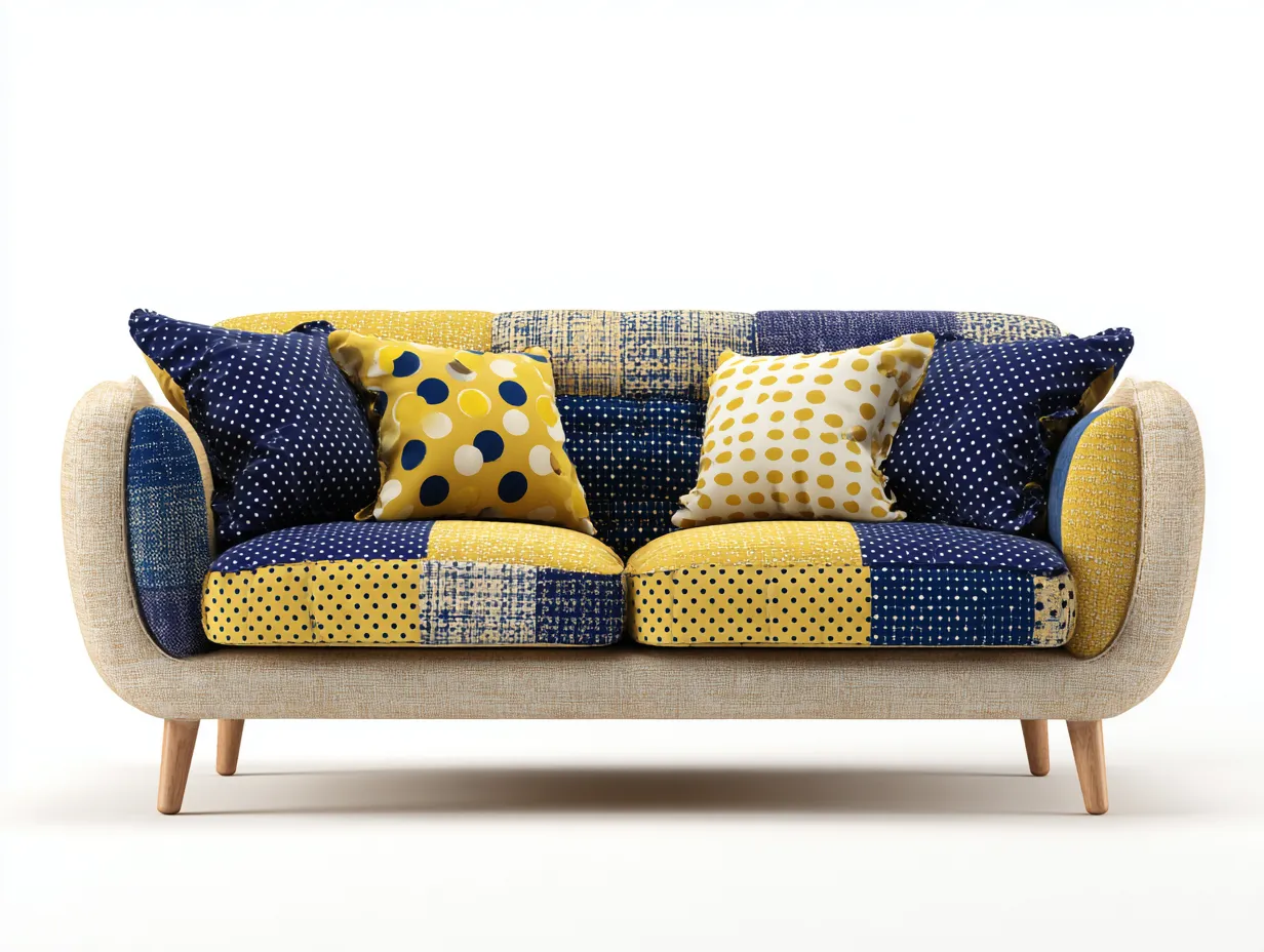 Gerades Sofa-Stoff-Holz-Schaumstoff-198 x 86 x 82 cm-Gelb-Blau-Modernes Patchwork Design-Kalenyhaven