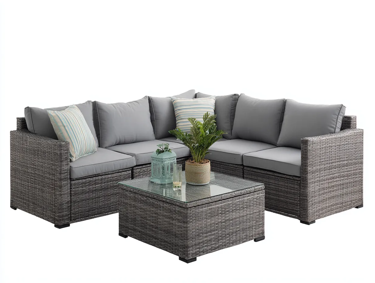 Divani da esterno - rattan sintetico-tessuto-vetro - 212x212x75 cm - grigio scuro-marrone - stile moderno-Pinegobay