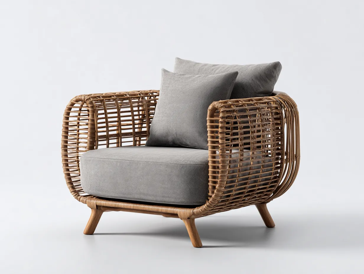 Poltrona da giardino-rattan-legno-86x78x73 cm-marrone-grigio-stile naturale contemporaneo-Pinegobay