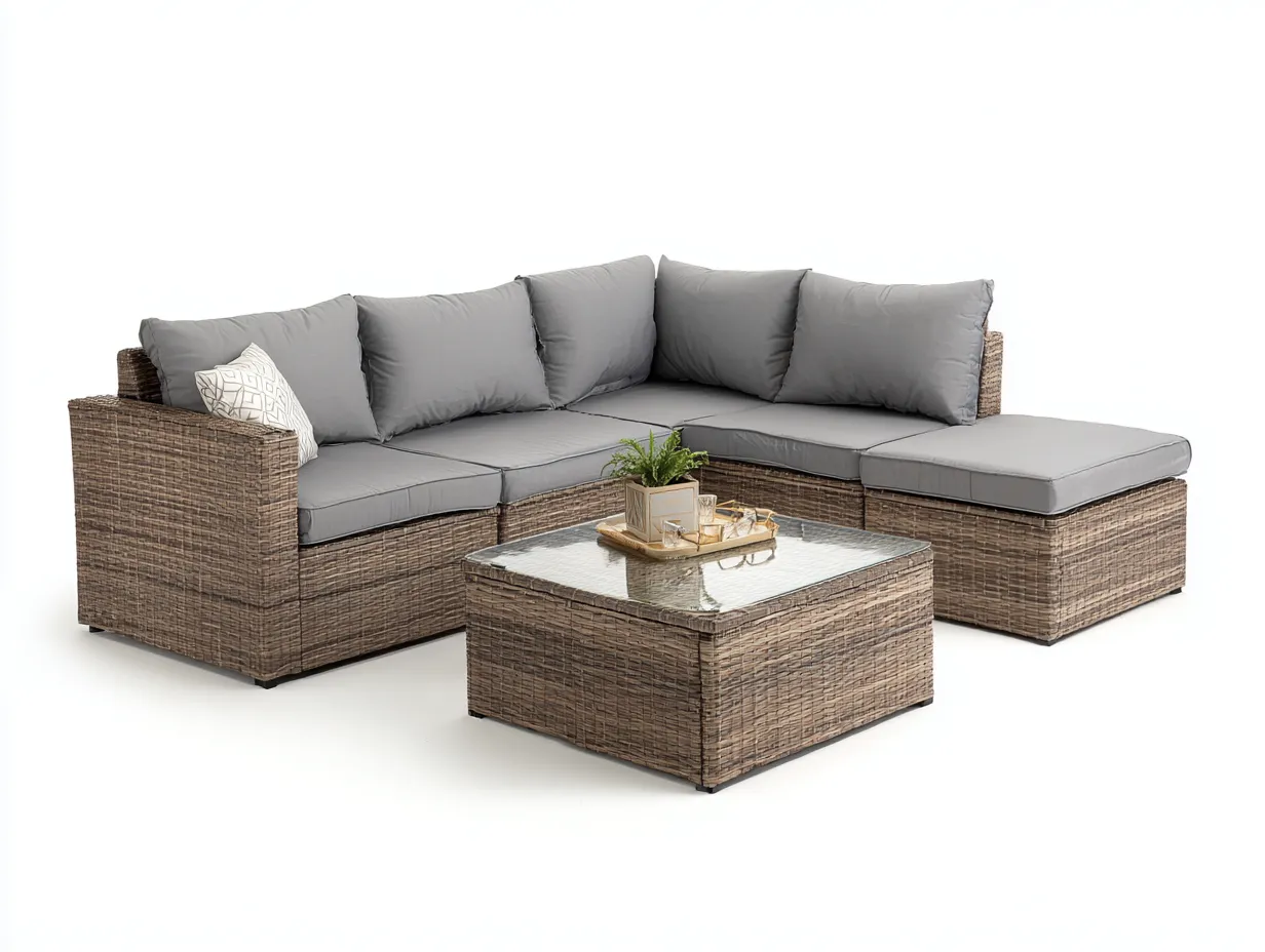Divani da esterno - rattan sintetico-tessuto-vetro - 208x208x74 cm - grigio-marrone - stile moderno-Pinegobay