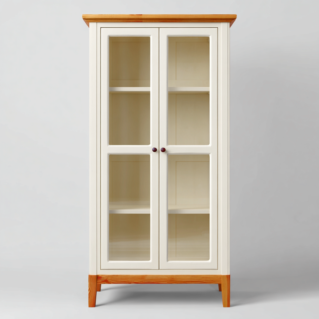 Vitrine en bois et verre 80x40x180 cm - blanc crème et bois naturel - style classique-Havengetpad